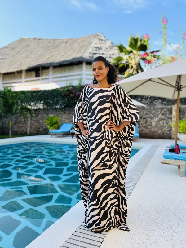 Model in the zebra print Punda Milia kaftan